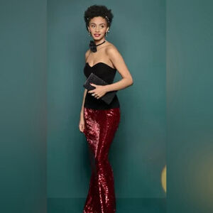 NEW Johnny Wujek Red Luxe Sequin Maxi Tall Holiday Christmas Lined Skirt XS $99